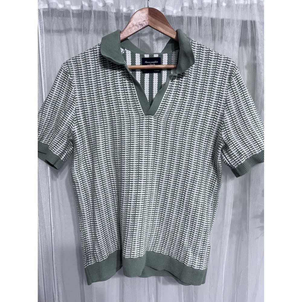 Abercrombie & Fitch Women XS Sage Green White Textured Stripe Knit Polo Shirt